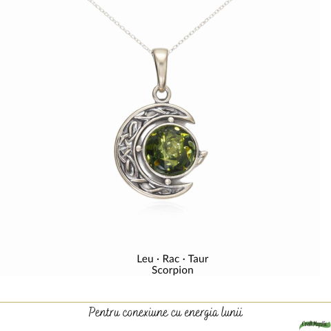 Colier Argint 925 Semiluna cu Chihlimbar Verde Natural – Protecție si Vitalitate [4]