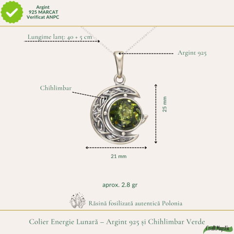 Colier Argint 925 Semiluna cu Chihlimbar Verde Natural – Protecție si Vitalitate [3]