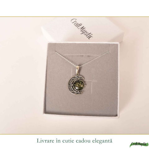 Colier Argint 925 Semiluna cu Chihlimbar Verde Natural – Protecție si Vitalitate [5]