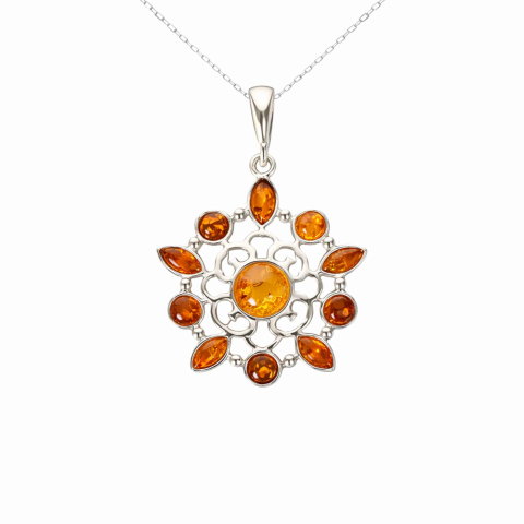 Inele - Colier Argint 925 Floare cu Chihlimbar Natural – Vitalitate si Feminitate