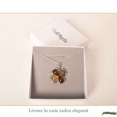 Colier Argint 925 Trifoi 3 Culori cu Chihlimbar Natural – Noroc si Vitalitate [5]