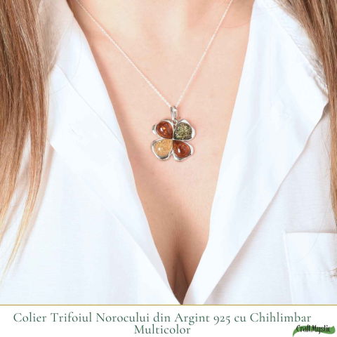 Colier Argint 925 Trifoi 3 Culori cu Chihlimbar Natural – Noroc si Vitalitate [1]