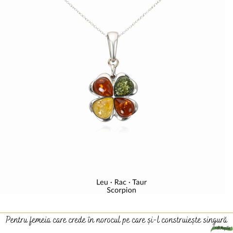 Colier Argint 925 Trifoi 3 Culori cu Chihlimbar Natural – Noroc si Vitalitate [4]