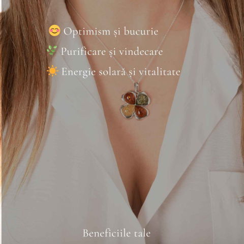 Colier Argint 925 Trifoi 3 Culori cu Chihlimbar Natural – Noroc si Vitalitate [2]