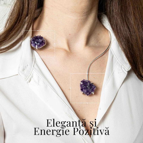 Colier Choker Argintiu cu Piatra Naturala Ametist Druzy - Protecte si Energie Positiva [1]
