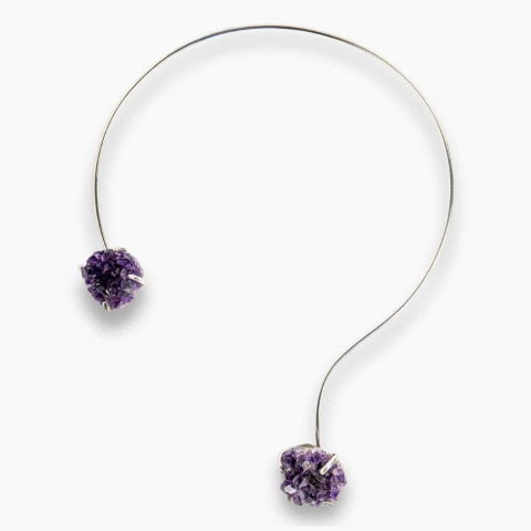 Balanta - Colier Choker Argintiu cu Piatra Naturala Ametist Druzy - Protecte si Energie Positiva