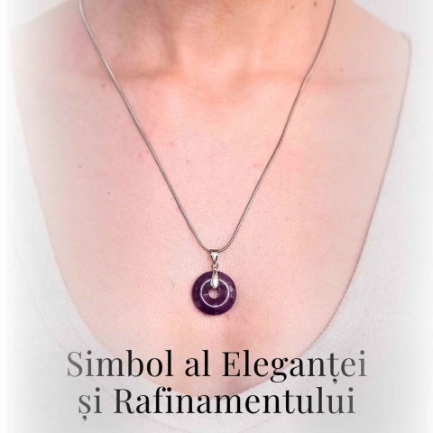 Colier Argintiu cu Ametist Forma Pi - Calm și Spiritualitate, Lungime Totala 50 cm, Diametru Pandantiv 20 mm [6]