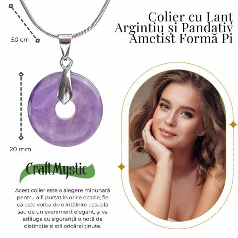 Colier Argintiu cu Ametist Forma Pi - Calm și Spiritualitate, Lungime Totala 50 cm, Diametru Pandantiv 20 mm [1]