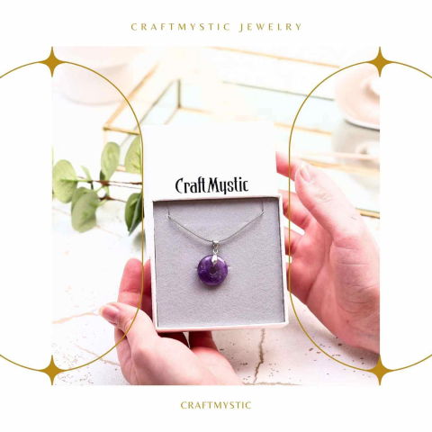 Colier Argintiu cu Ametist Forma Pi - Calm și Spiritualitate, Lungime Totala 50 cm, Diametru Pandantiv 20 mm [9]