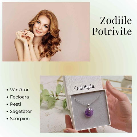 Colier Argintiu cu Ametist Forma Pi - Calm și Spiritualitate, Lungime Totala 50 cm, Diametru Pandantiv 20 mm [2]