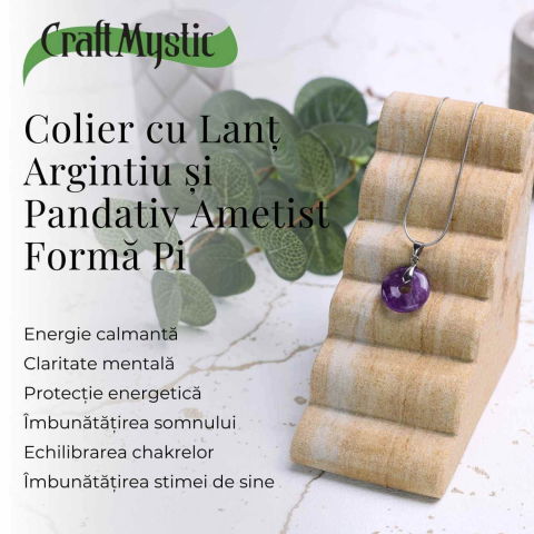 Colier Argintiu cu Ametist Forma Pi - Calm și Spiritualitate, Lungime Totala 50 cm, Diametru Pandantiv 20 mm [3]