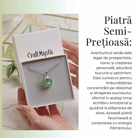 Colier Argintiu cu Aventurin Verde Forma Pi - Echilibru și Prosperitate, Lungime Totala 50 cm, Diametru Pandantiv 20 mm [5]