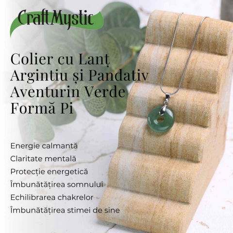 Colier Argintiu cu Aventurin Verde Forma Pi - Echilibru și Prosperitate, Lungime Totala 50 cm, Diametru Pandantiv 20 mm [3]