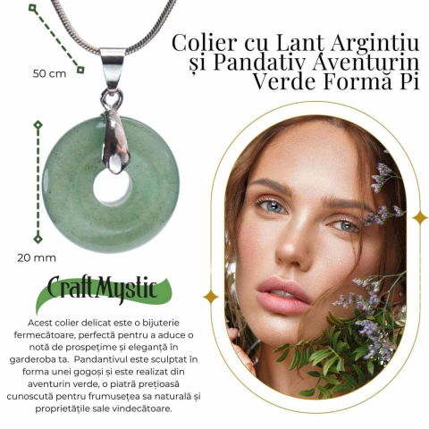 Colier Argintiu cu Aventurin Verde Forma Pi - Echilibru și Prosperitate, Lungime Totala 50 cm, Diametru Pandantiv 20 mm [1]