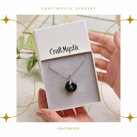 Colier Argintiu cu Obsidian Forma Pi - Protectie si Echilibru, Lungime Totala 50 cm, Diametru Pandantiv 20 mm [8]