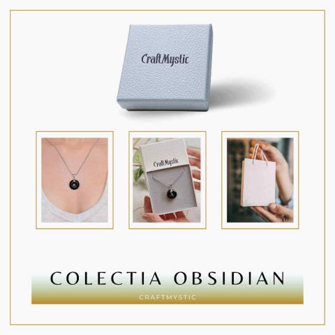 Colier Argintiu cu Obsidian Forma Pi - Protectie si Echilibru, Lungime Totala 50 cm, Diametru Pandantiv 20 mm [7]