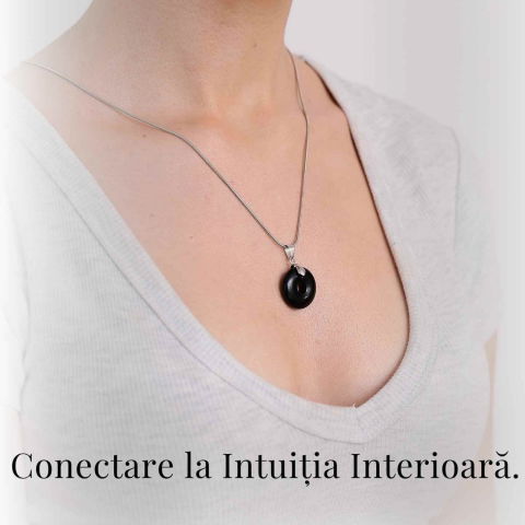 Colier Argintiu cu Obsidian Forma Pi - Protectie si Echilibru, Lungime Totala 50 cm, Diametru Pandantiv 20 mm [6]