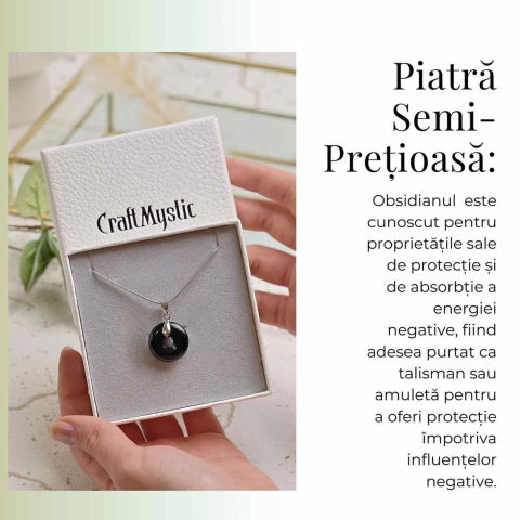 Colier Argintiu cu Obsidian Forma Pi - Protectie si Echilibru, Lungime Totala 50 cm, Diametru Pandantiv 20 mm [5]