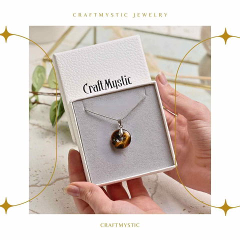 Colier Argintiu cu Ochi de Tigru Forma Pi - Protectie si Energie, Lungime Totala 50 cm, Diametru Pandantiv 20 mm [8]