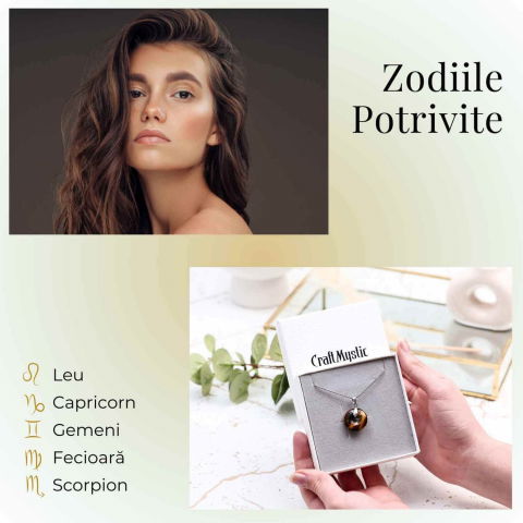 Colier Argintiu cu Ochi de Tigru Forma Pi - Protectie si Energie, Lungime Totala 50 cm, Diametru Pandantiv 20 mm [2]