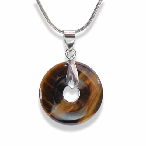 Fecioara - Colier Argintiu cu Ochi de Tigru Forma Pi - Protectie si Energie, Lungime Totala 50 cm, Diametru Pandantiv 20 mm