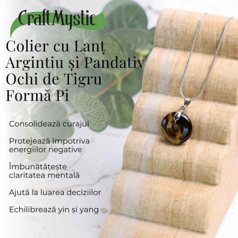 Colier Argintiu cu Ochi de Tigru Forma Pi - Protectie si Energie, Lungime Totala 50 cm, Diametru Pandantiv 20 mm [3]