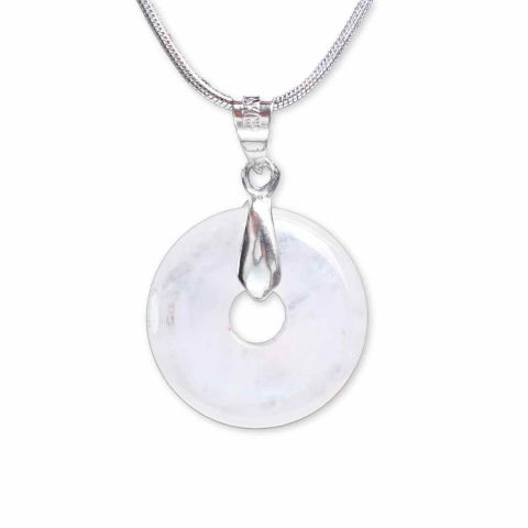 Colier Argintiu Cuart Transparent Forma Pi - Claritate si Energie Pura, Lungime Totala 50 cm, Diametru Pandantiv 20 mm