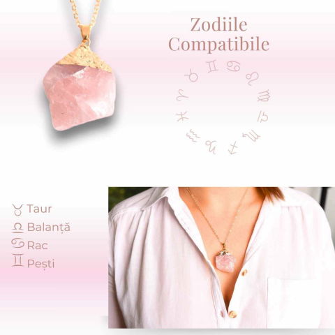 Colier auriu ajustabil cu pandantiv din Cuart Roz brut – Vindecare și Iubire [3]