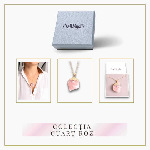 Colier auriu ajustabil cu pandantiv din Cuart Roz brut – Vindecare și Iubire [5]