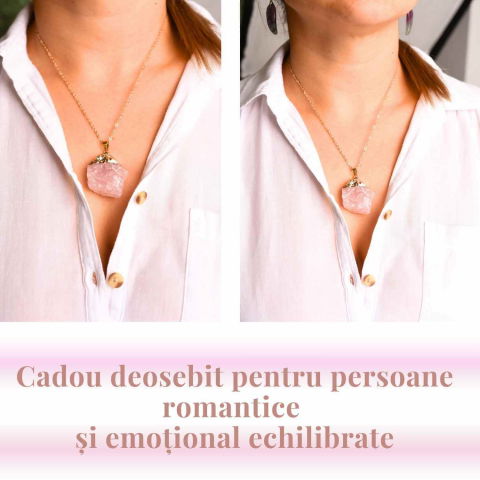 Colier auriu ajustabil cu pandantiv din Cuart Roz brut – Vindecare și Iubire [7]