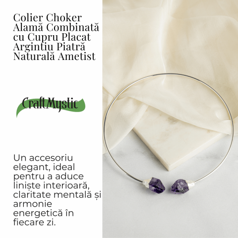 Colier Choker Argintiu cu Piatra Ametist Bruta - Echilibrare si Spiritualitate [2]