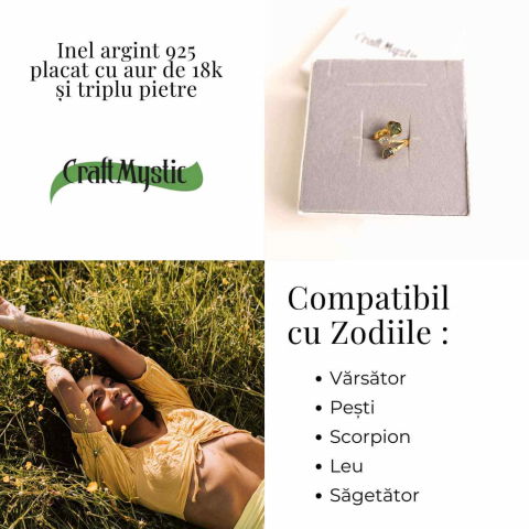 Inel argint 925 placat cu aur de 18k cu Moldavit, Meteorit si Palimer – Putere cosmica si claritate [1]