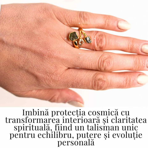 Inel argint 925 placat cu aur de 18k cu Moldavit, Meteorit si Palimer – Putere cosmica si claritate [3]