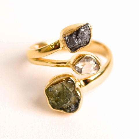 Echilibrare Energetica - Inel argint 925 placat cu aur de 18k cu Moldavit, Meteorit si Palimer – Putere cosmica si claritate