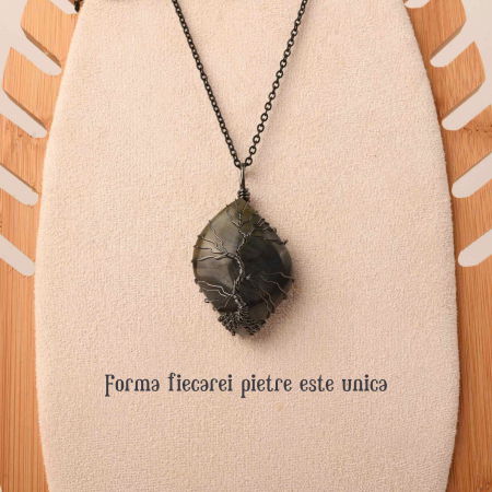Colier cu pandantiv din labradorit natural pentru barbati si femei - Cristal neregulat lucrat manual, invelit cu sarma model arborele vietii - O piatra semipretioasa pentru meditatie, intuitie, imaginatie [2]