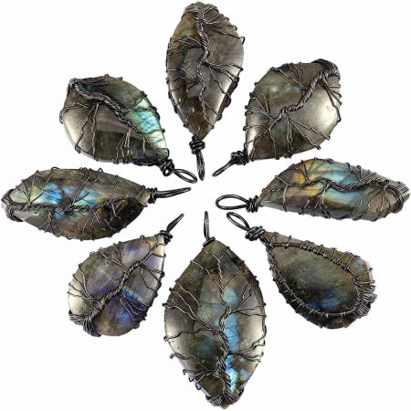 Colier cu pandantiv din labradorit natural pentru barbati si femei - Cristal neregulat lucrat manual, invelit cu sarma model arborele vietii - O piatra semipretioasa pentru meditatie, intuitie, imaginatie [4]