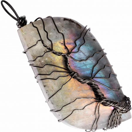Colier cu pandantiv din labradorit natural pentru barbati si femei - Cristal neregulat lucrat manual, invelit cu sarma model arborele vietii - O piatra semipretioasa pentru meditatie, intuitie, imaginatie [3]