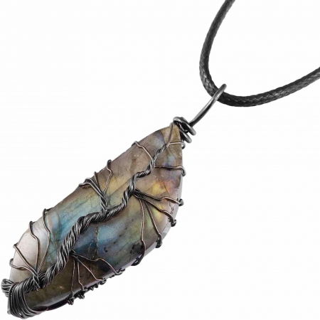 Colier cu pandantiv din labradorit natural pentru barbati si femei - Cristal neregulat lucrat manual, invelit cu sarma model arborele vietii - O piatra semipretioasa pentru meditatie, intuitie, imaginatie [5]