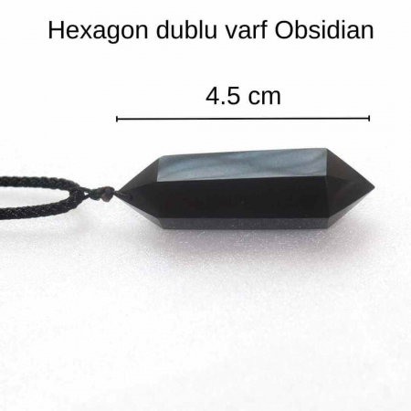 Colier cu cristal vindecator Obsidian 4-5 cm, in forma hexagonala cu dublu varf si saculet satin negru – pentru protectie, vointa si noroc [2]
