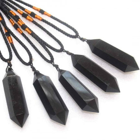 Colier cu cristal vindecator Obsidian 4-5 cm, in forma hexagonala cu dublu varf si saculet satin negru – pentru protectie, vointa si noroc [1]
