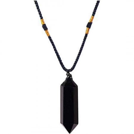Coliere - Colier cu cristal vindecator Obsidian 4-5 cm, in forma hexagonala cu dublu varf si saculet satin negru – pentru protectie, vointa si noroc