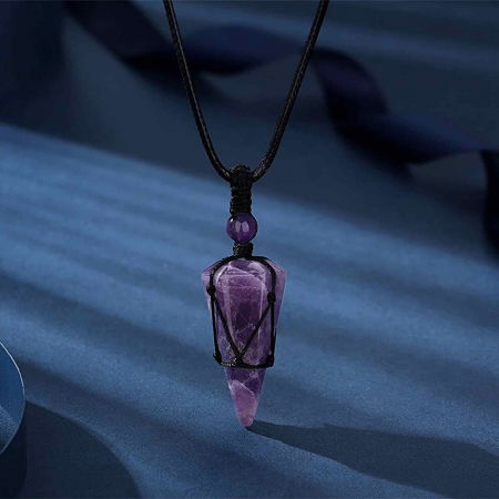 Colier cu cristal vindecator Ametist, cu 6 fatete si franghia impletita – pentru pace interioara, calm si reducerea stresului [5]