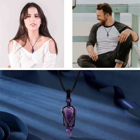 Colier cu cristal vindecator Ametist, cu 6 fatete si franghia impletita – pentru pace interioara, calm si reducerea stresului [1]