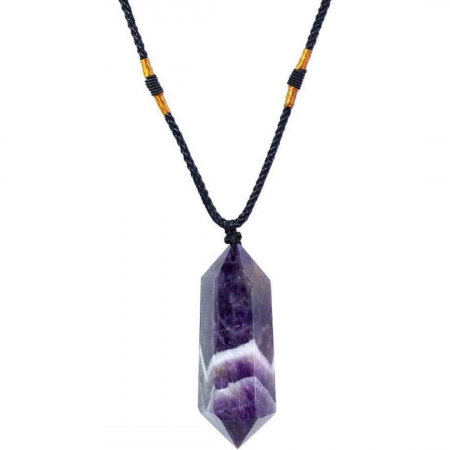 Colier cu cristal vindecator Obsidian 4-5 cm, in forma hexagonala cu dublu varf si saculet satin negru – pentru protectie, vointa si noroc [0]