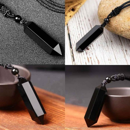 Colier cu cristal vindecator Obsidian Negru, in forma hexagonala cu dublu varf si franghie neagra ajustabila – pentru protectie, stabilitate si armonie [3]