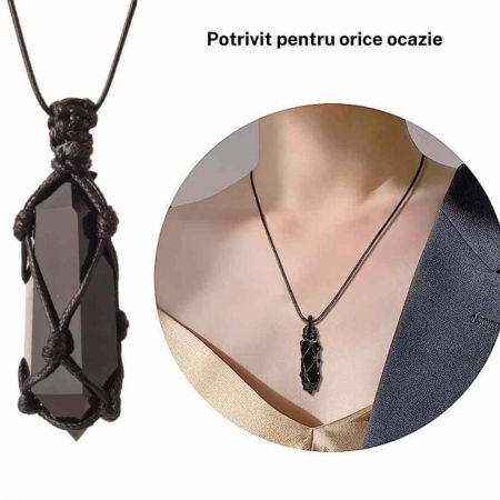 Colier cu cristal vindecator Obsidian Negru, in forma hexagonala dublu varf, infasurat intr-o plasa de franghie neagra ajustabila – pentru protectie, stabilitate si armonie [5]
