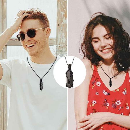 Colier cu cristal vindecator Obsidian Negru, in forma hexagonala dublu varf, infasurat intr-o plasa de franghie neagra ajustabila – pentru protectie, stabilitate si armonie [3]