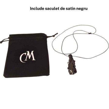 Colier cu cristal vindecator Obsidian Negru, in forma hexagonala dublu varf, infasurat intr-o plasa de franghie neagra ajustabila – pentru protectie, stabilitate si armonie [4]