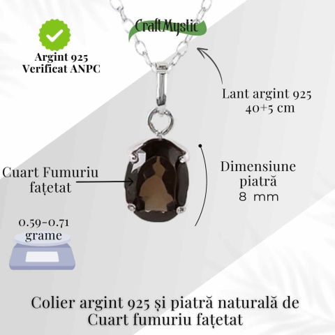 Colier Argint 925 cu Cuart Fumuriu Oval fatetat – Echilibru, Protectie si Liniste Interioara [3]