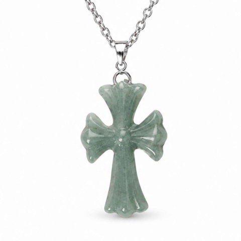 Prosperitate si Abundenta - Colier cu Jadeit Natural forma de Cruce si Lant Argint 925 – Armonie, Prosperitate si Eleganta